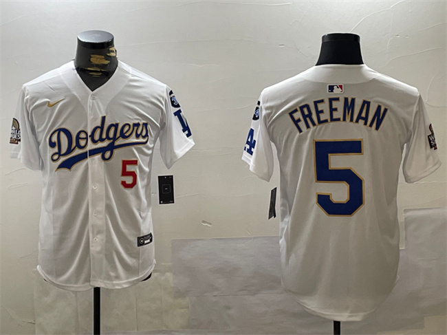 Men's Los Angeles Dodgers #5 Freddie Freeman White Gold 2024 World Series With Fernando Memorial Patch Home Limited Stitched Baseball Jersey Men's Los Angeles Dodgers #5 Freddie Freeman White Gold 2024 World Series With Fernando Memorial Patch Home Limited Stitched Baseball Jersey